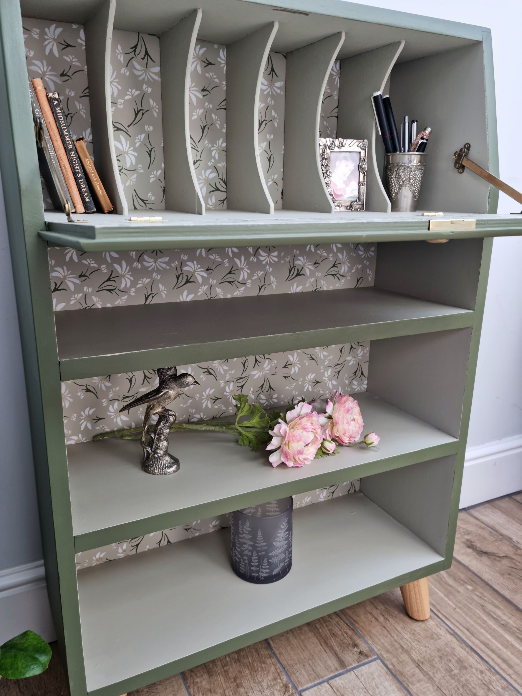 Bureau Writing Desk with display shelves upcycled & painted in green with daisies